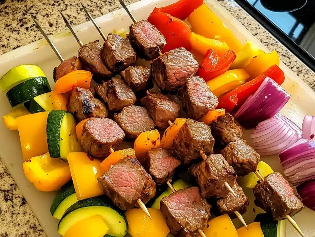 Freshly cut vegetables and beef cubes for skewers