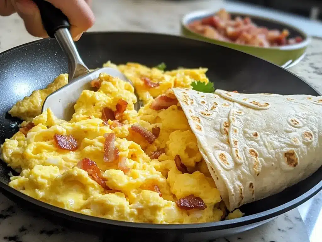 Ingredients for Bacon and Avocado Breakfast Burrito, including eggs, bacon, avocado, and tortillas.