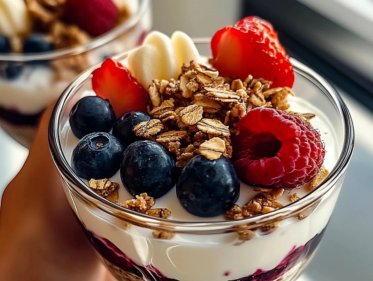 A close-up shot of a delicious Greek Yogurt Parfait with granola, honey, and fresh fruit, showcasing layers of creamy yogurt, crunchy granola, and natural sweetness.