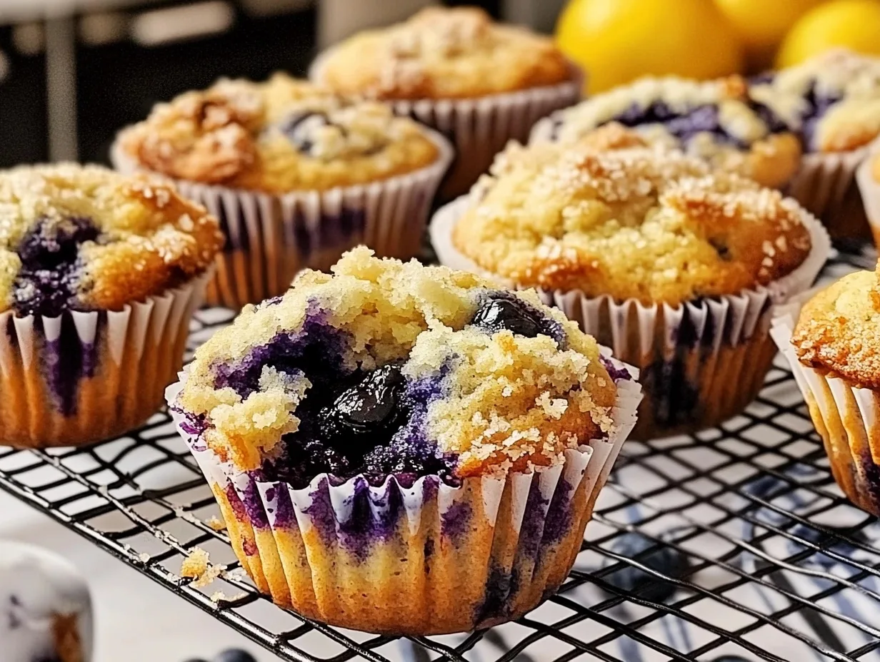 Freshly baked blueberry muffins cooling on a wire rack with a golden-brown top.