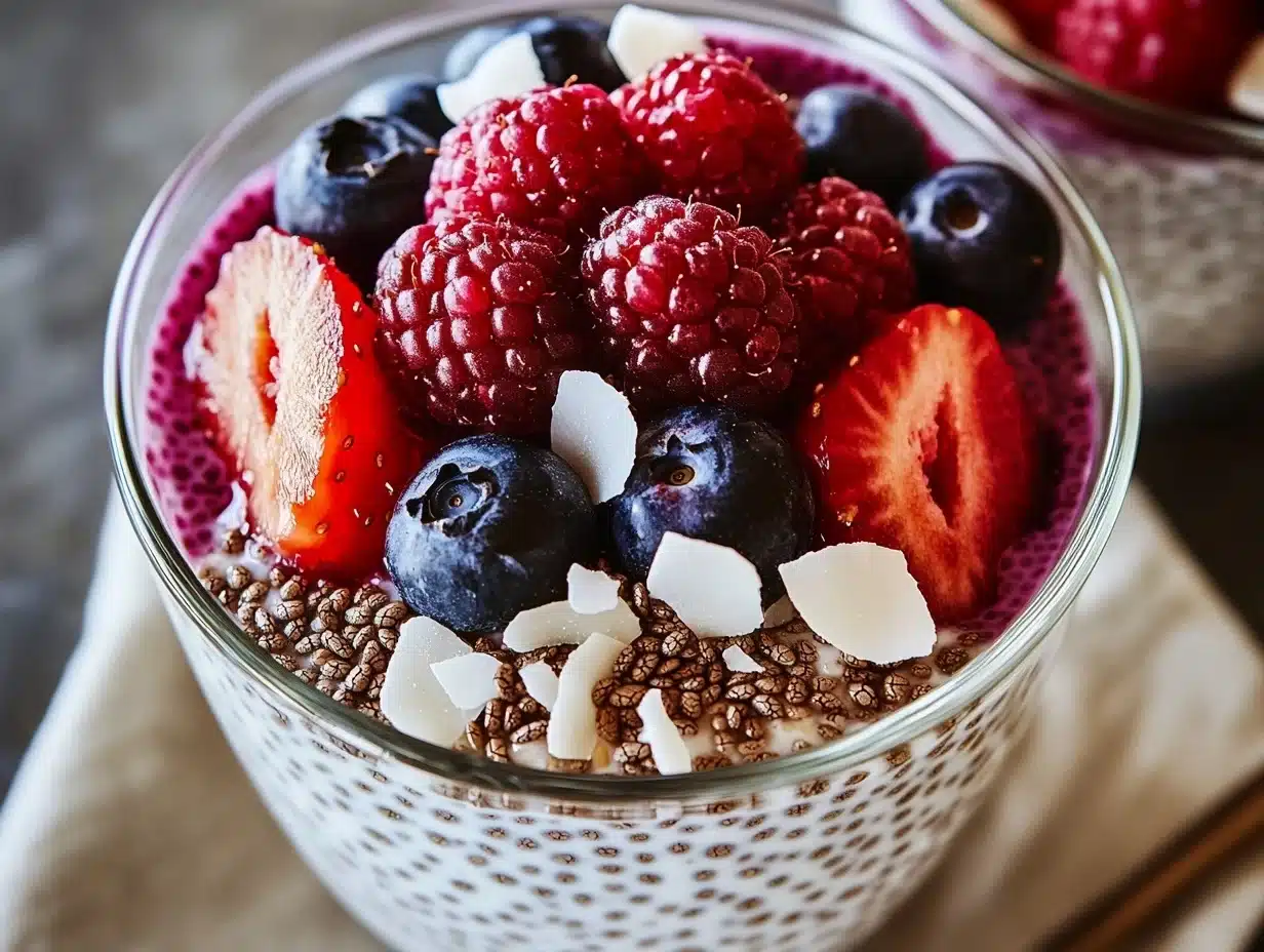 A bowl of creamy chia seed pudding topped with fresh berries, granola, and chopped nuts, placed on a rustic wooden table.