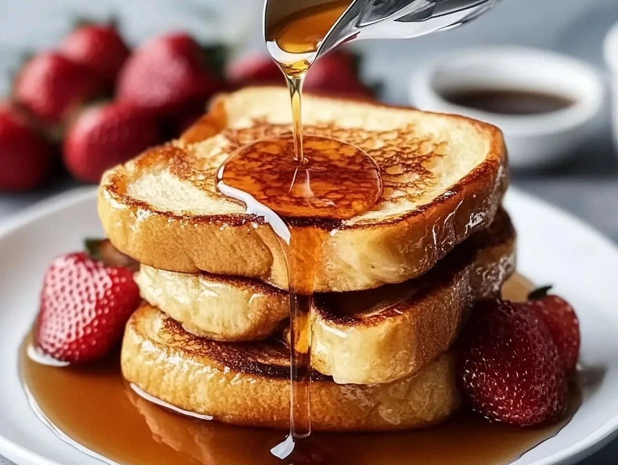 A plate of golden French toast drizzled with maple syrup, garnished with fresh berries and mint leaves.