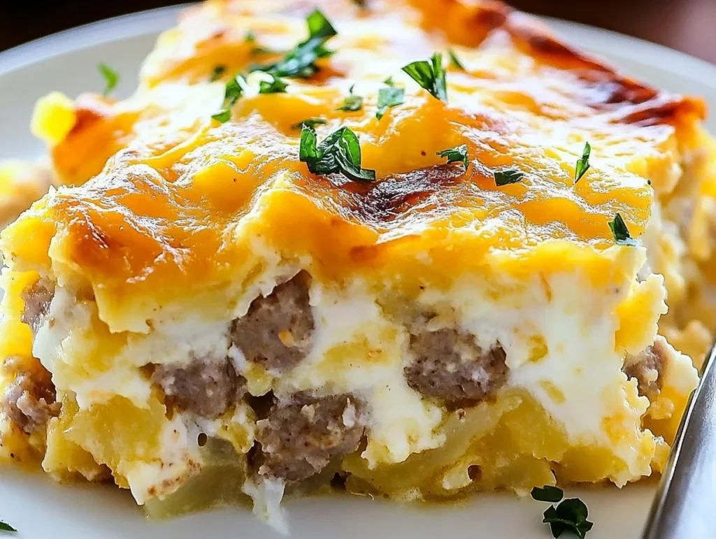 A freshly baked breakfast casserole with sausage, hash browns, eggs, and melted cheese in a white baking dish, garnished with fresh parsley.