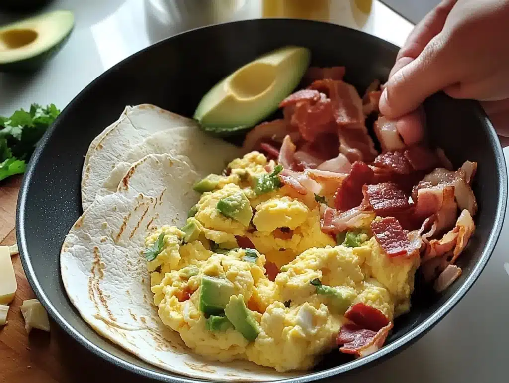 Bacon and Avocado Breakfast Burrito served with fresh avocado slices and crispy bacon.