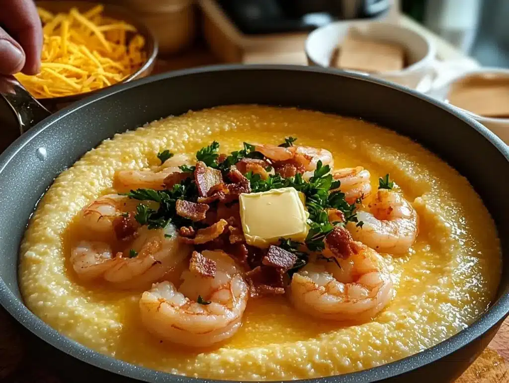 Shrimp and grits in a skillet topped with crispy bacon, parsley, and a pat of butter, served alongside shredded cheddar cheese for a comforting Southern meal.