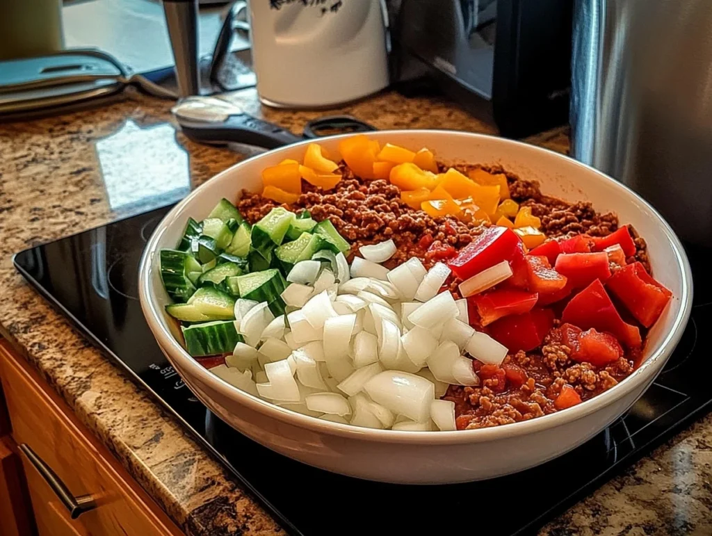 Uncooked beef chili ingredients, including ground beef, onions, peppers, and cucumbers, in a white bowl on a kitchen counter.