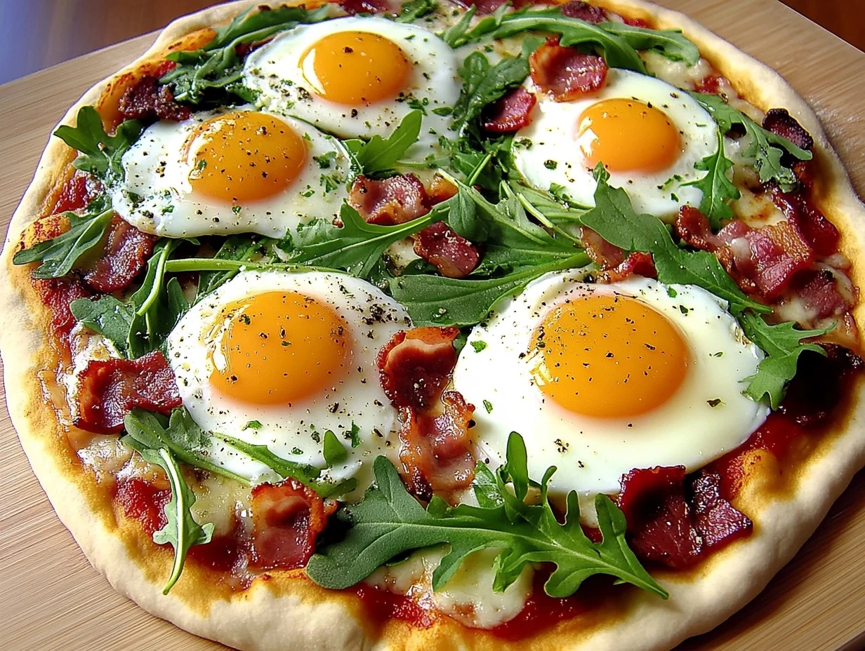 Delicious breakfast pizza with eggs and bacon on a crispy crust.