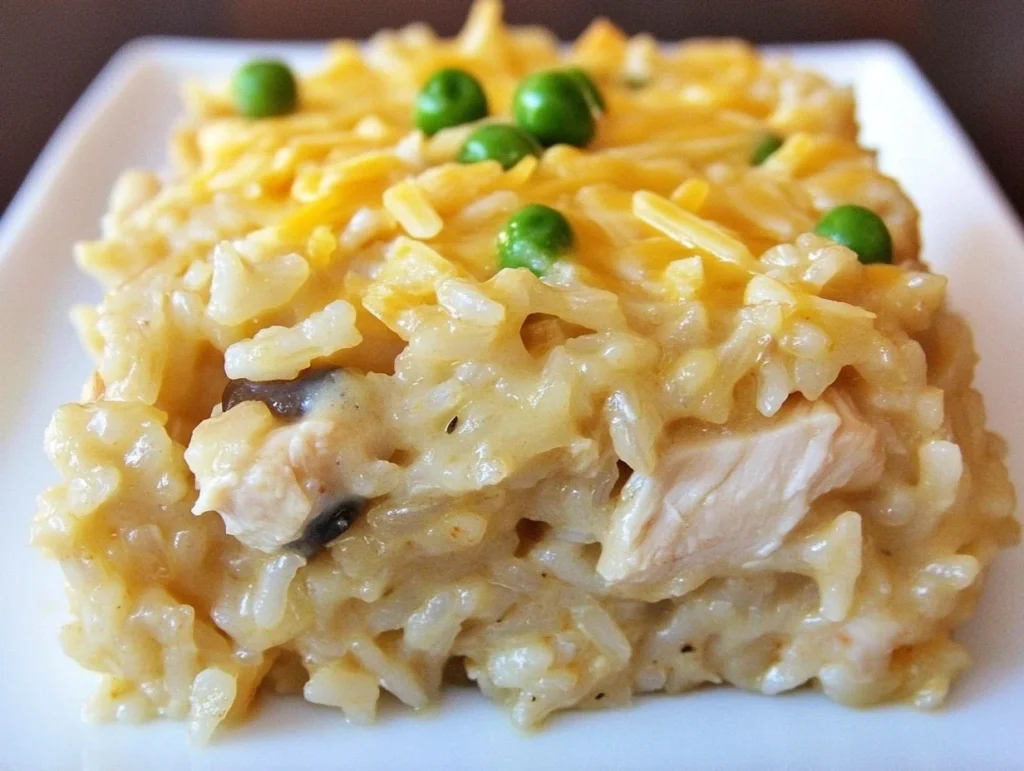 Golden-brown chicken and rice casserole with melted cheese on top.