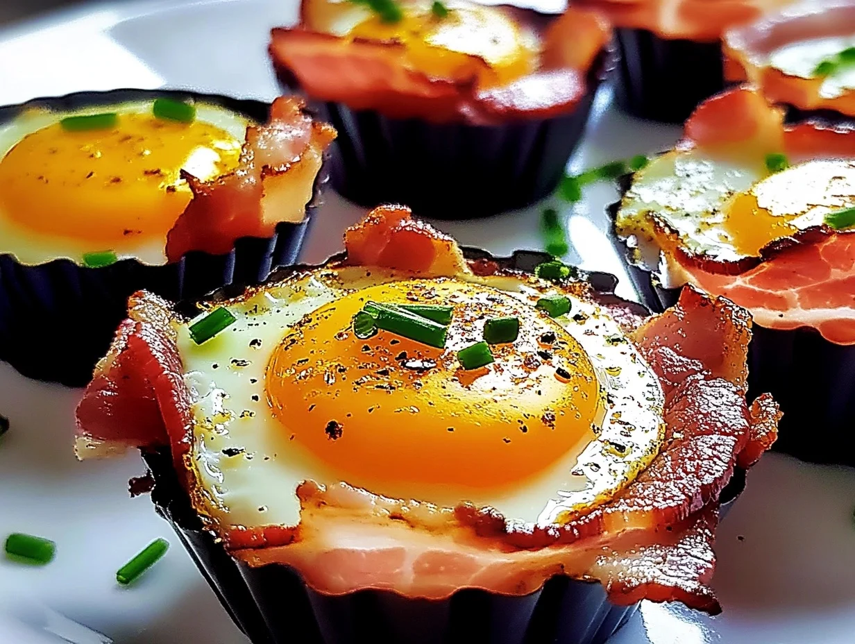 Bacon and Egg Breakfast Cups served on a white plate with fresh herbs as garnish, perfect for a low-carb, protein-packed breakfast.