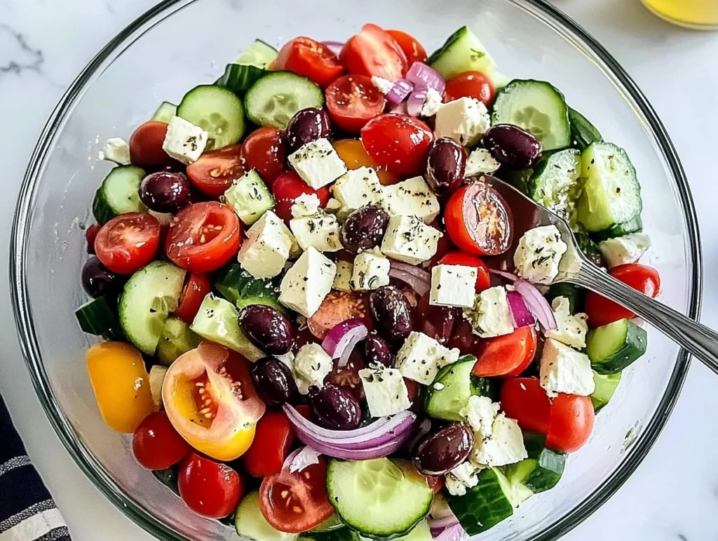 A bowl of Greek Salad featuring Kalamata olives, cherry tomatoes, cucumbers, red onions, and crumbled feta cheese, seasoned with herbs and olive oil.