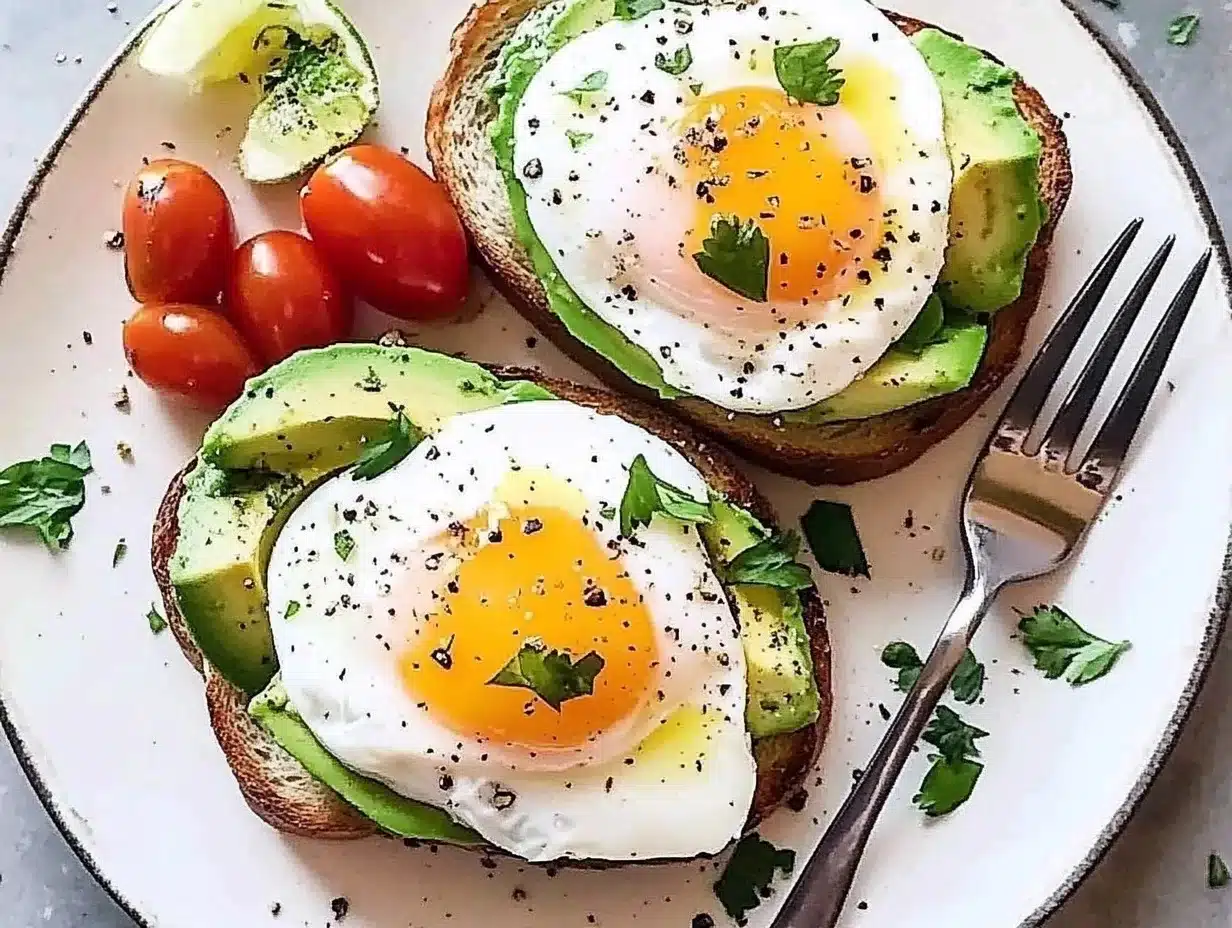 Avocado toast with poached eggs on sourdough bread, topped with cherry tomatoes, chili flakes, and fresh herbs.