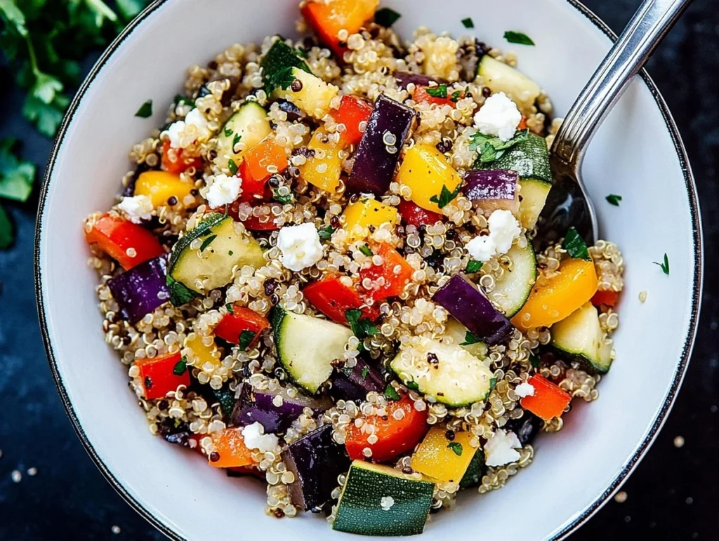 Quinoa salad with roasted vegetables, featuring zucchini, carrots, and bell peppers, garnished with parsley – a healthy quinoa recipe