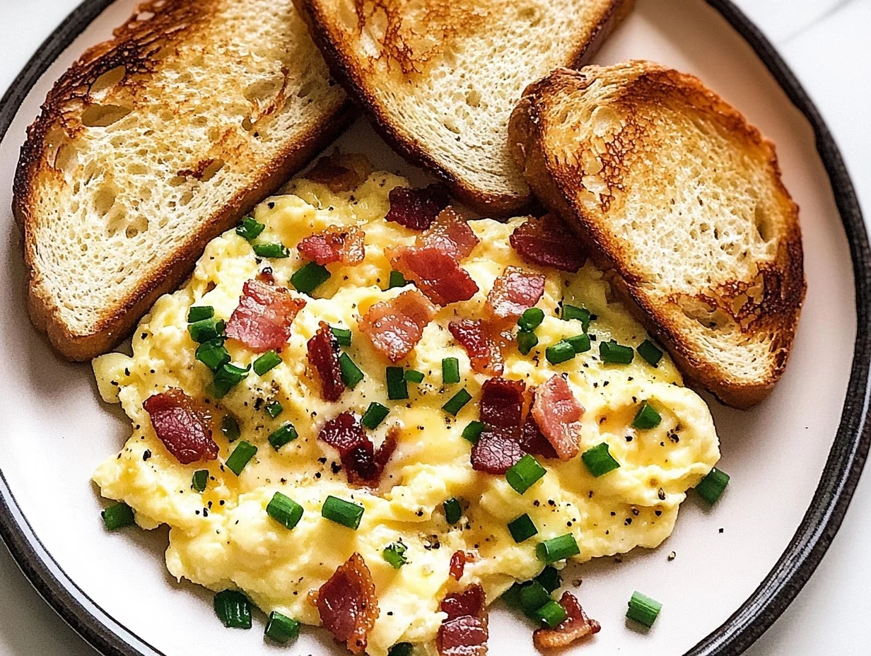 Scrambled Eggs with Bacon and Toast served on a white plate, garnished with herbs and paired with fresh fruit.