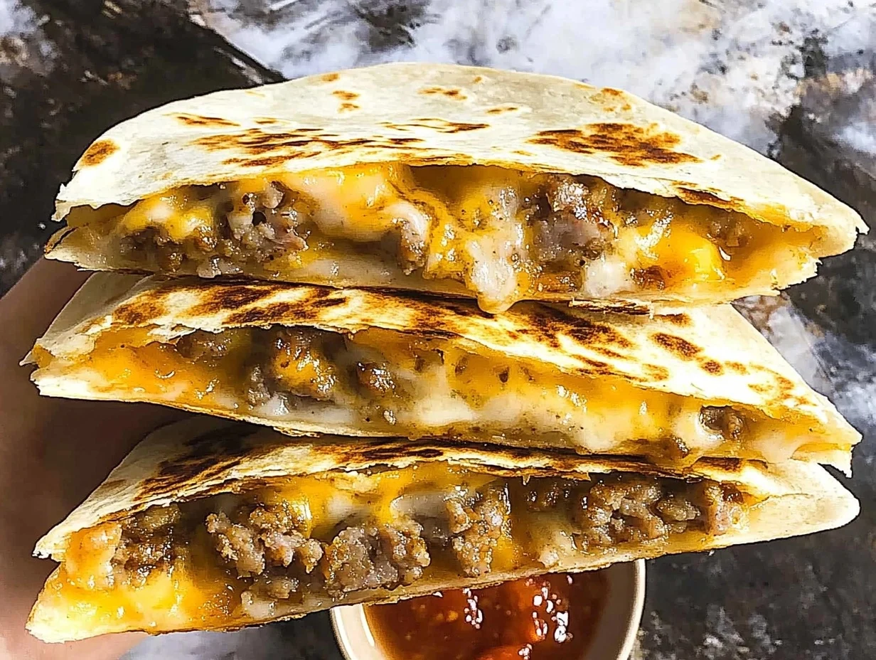 Breakfast quesadilla with sausage and cheese served on a white plate with a side of salsa and guacamole.