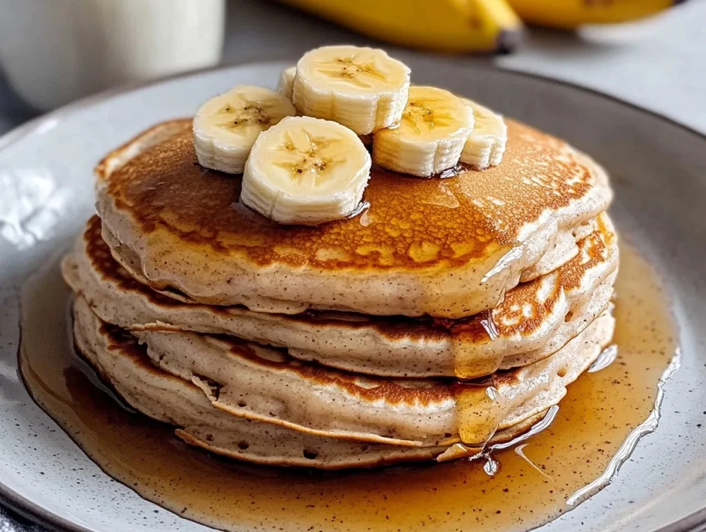 A stack of banana pancakes topped with banana slices and drizzled with maple syrup on a gray plate.