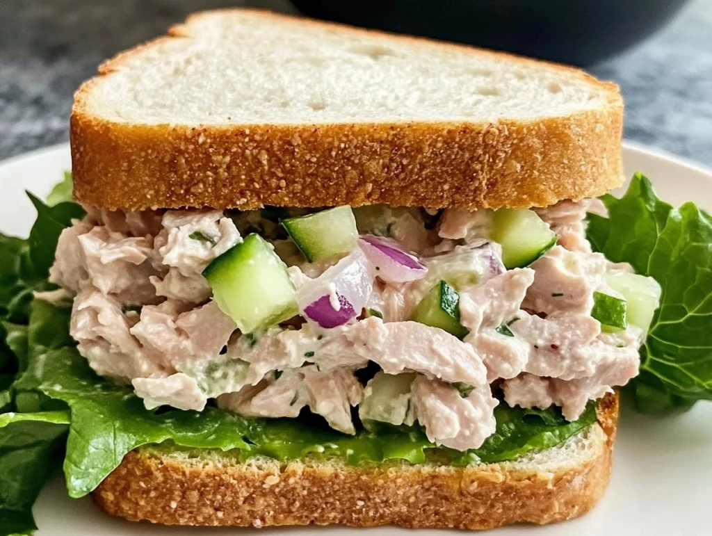 Tuna salad sandwich with creamy filling, lettuce, and tomatoes on whole-grain bread.