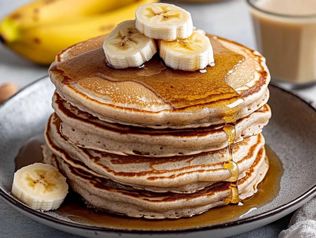 Fluffy banana pancakes with fresh banana slices and syrup, served on a plate with bananas in the background.