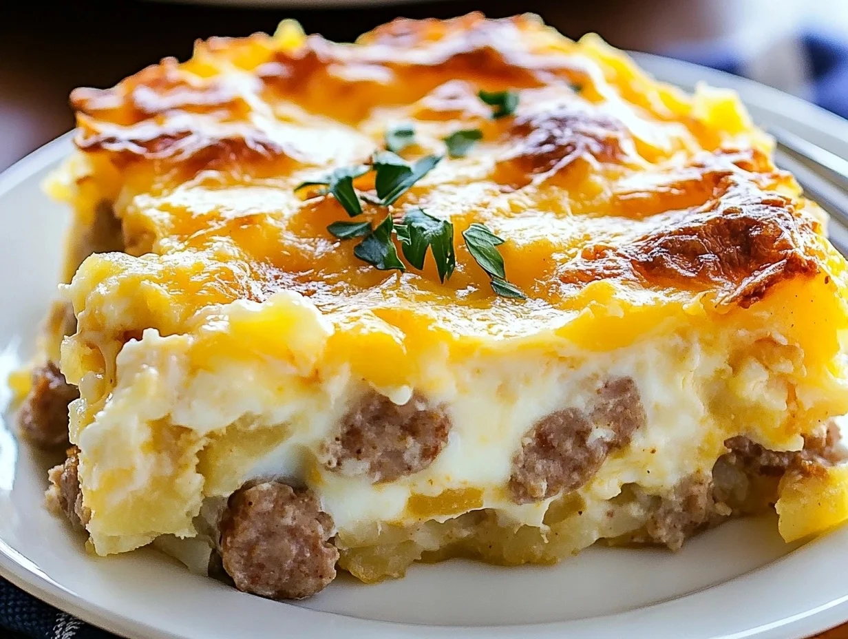 A freshly baked breakfast casserole with sausage, hash browns, eggs, and melted cheese in a baking dish.