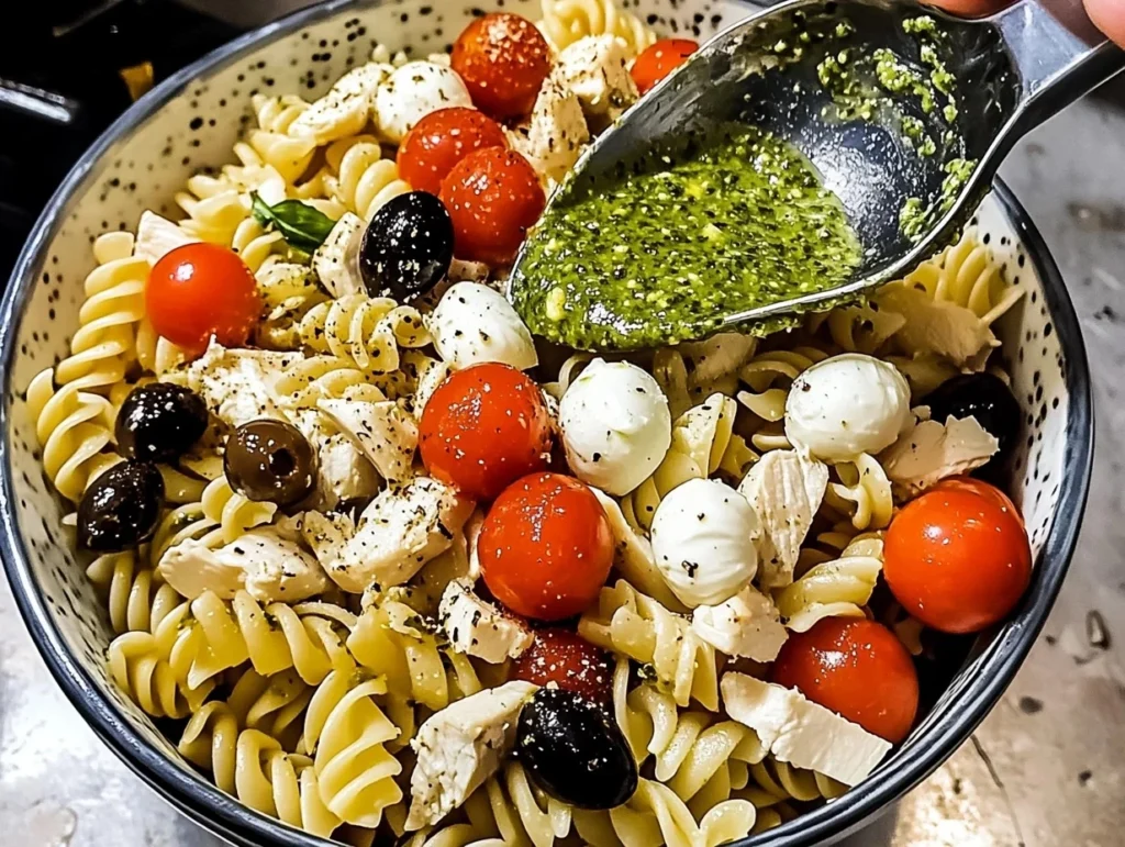 Creamy chicken pesto pasta salad with rotini, cherry tomatoes, mozzarella balls, olives, and pesto being drizzled, a perfect summer dish.