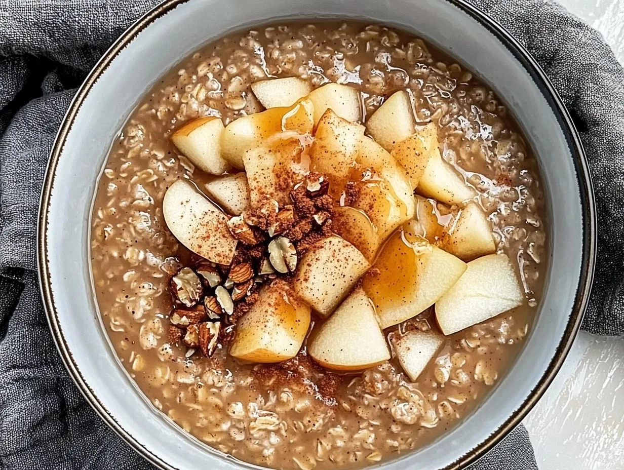 Close-up image of a bowl of Apple Cinnamon Oatmeal topped with fresh apples and a sprinkle of cinnamon.