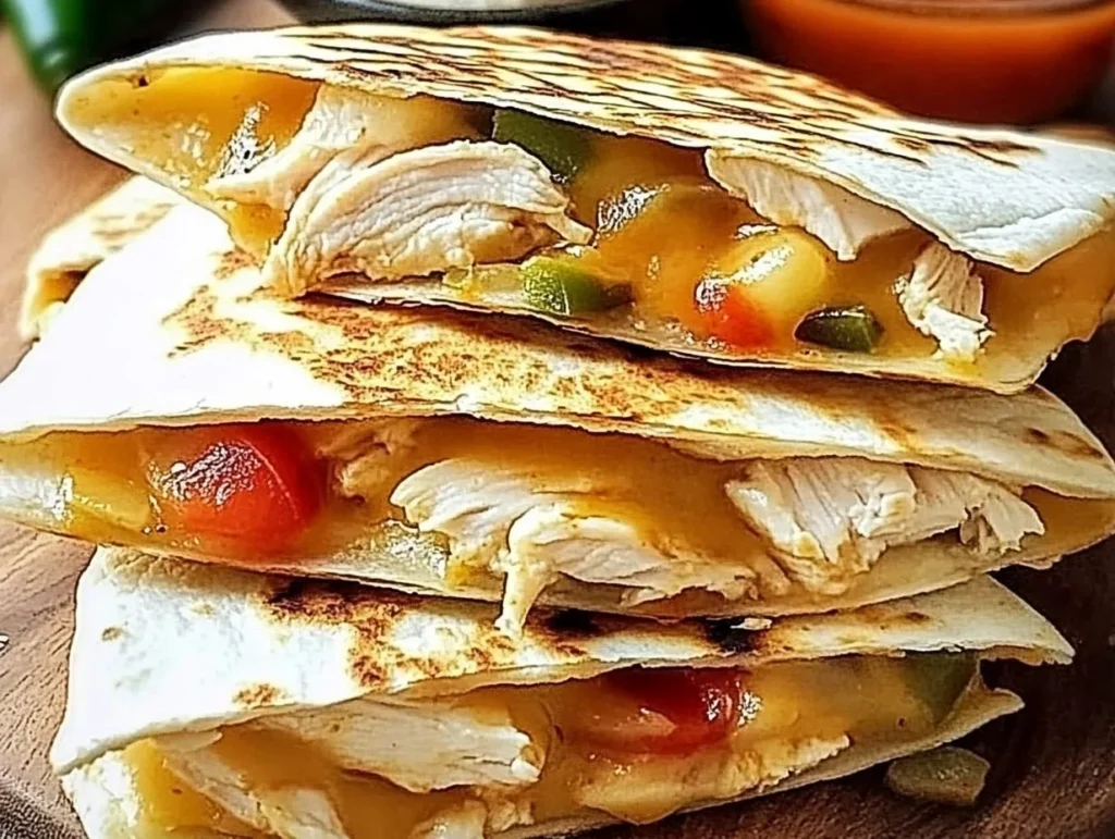 "Easy Chicken Quesadilla Recipe" – A crispy, cheesy chicken quesadilla with seasoned chicken, melted cheese, and fresh vegetables, served with salsa and guacamole.