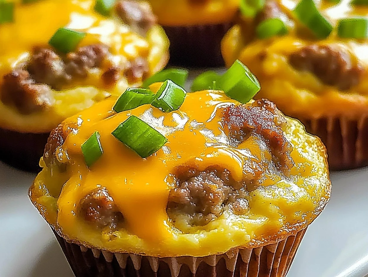 Homemade sausage and egg muffins baked in a muffin tin, golden and ready to serve for a quick, protein-packed breakfast.