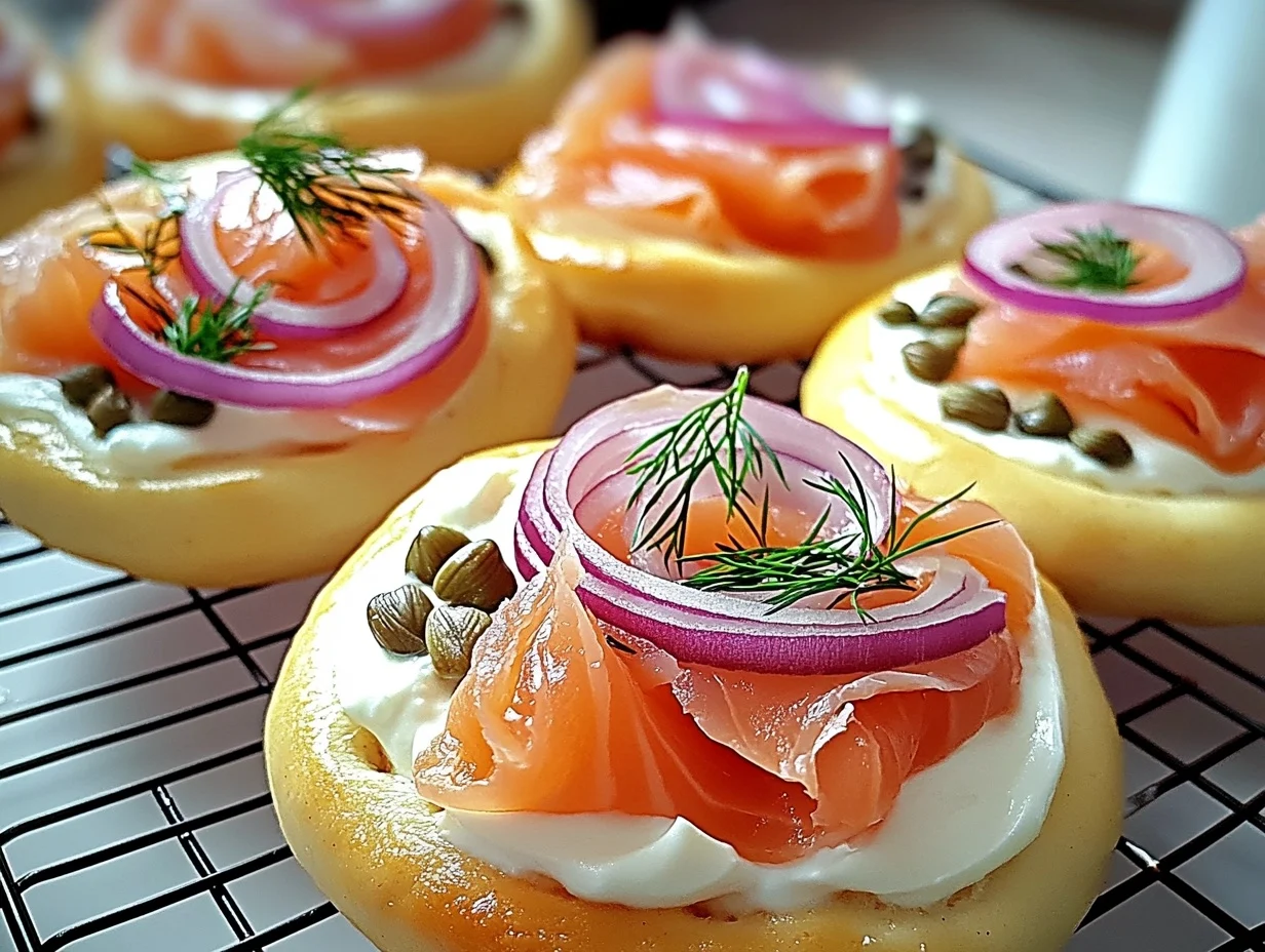 Smoked salmon bagel with cream cheese, garnished with red onions, capers, and dill, served on a white plate.