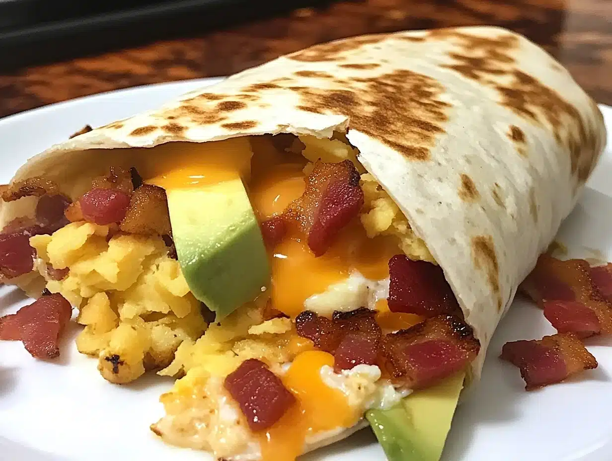 A freshly made Classic American Breakfast Burrito on a plate, filled with scrambled eggs, crispy bacon, golden hash browns, and melted cheese, garnished with salsa and avocado slices.