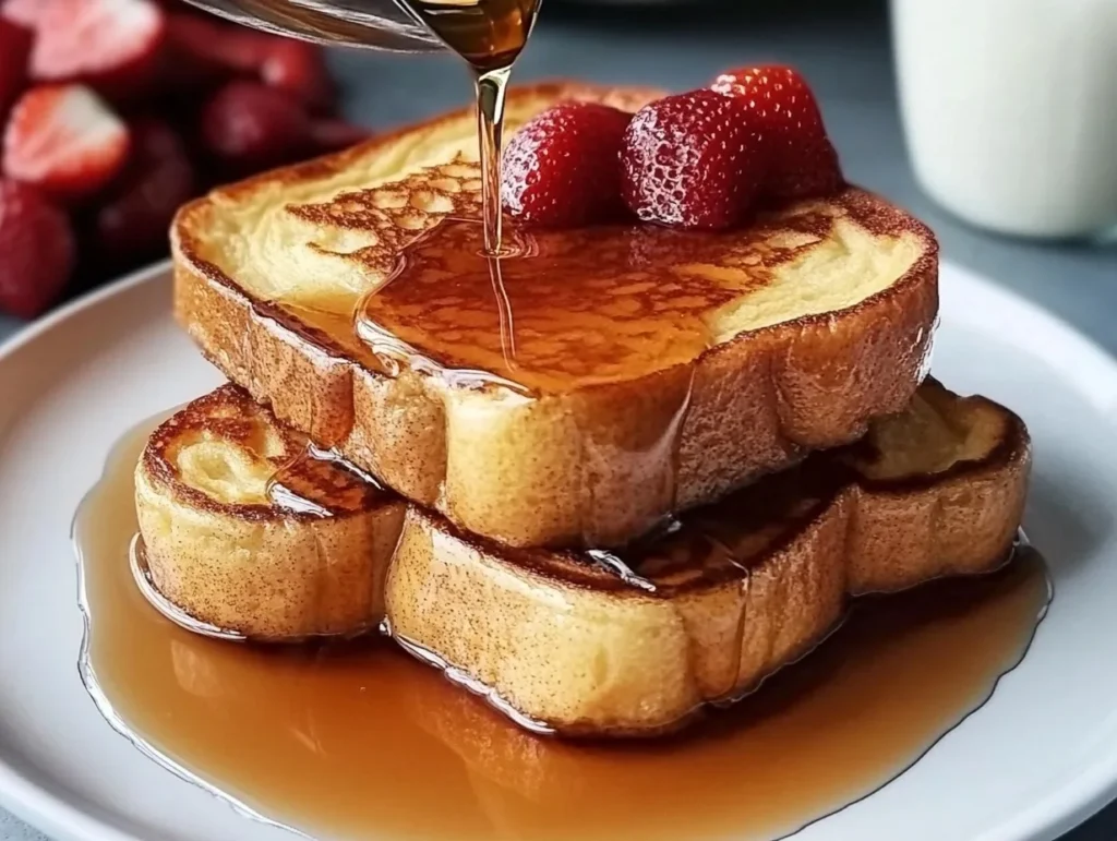 French Toast with Maple Syrup served with fresh berries and powdered sugar.