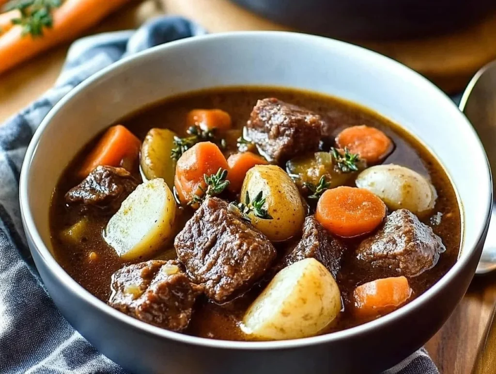 A bowl of hearty beef stew with tender beef chunks, carrots, and potatoes, garnished with fresh herbs.