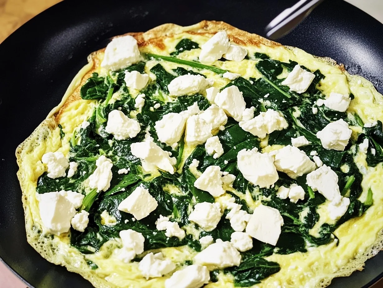 Omelette with Spinach and Feta served on a white plate with a side of salad and toast.