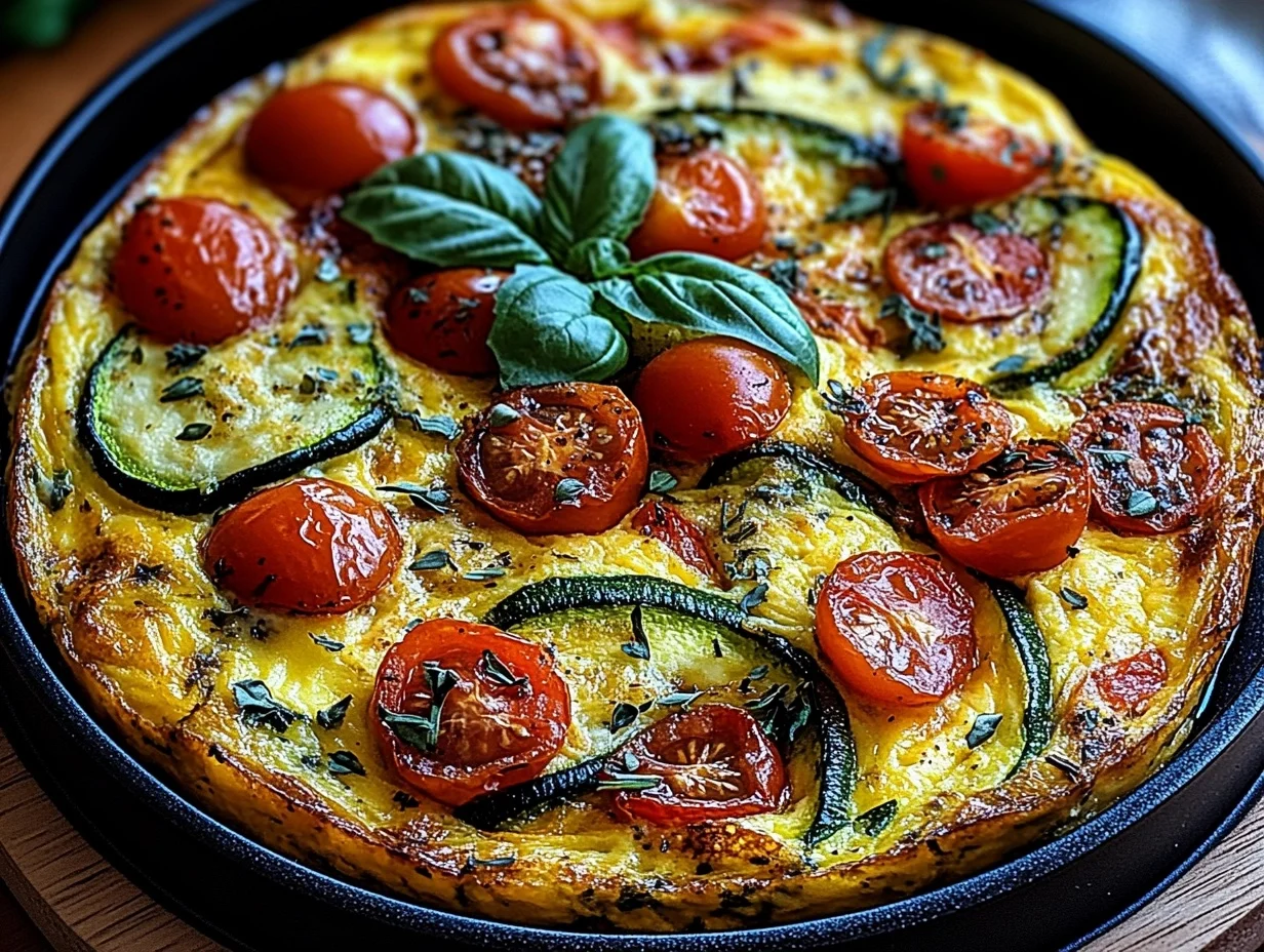 Breakfast frittata with vegetables in a skillet on a wooden table, surrounded by ingredients like spinach, tomatoes, and eggs.