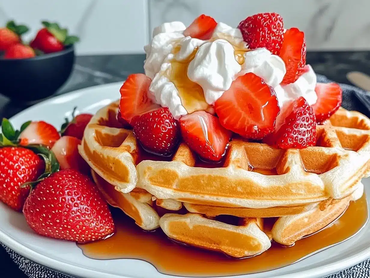 A plate of golden Belgian waffles topped with fresh strawberries and a drizzle of syrup, served with whipped cream.