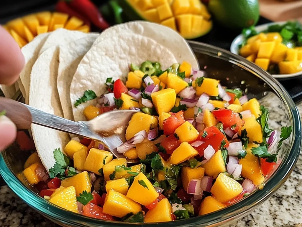 Shrimp tacos with mango salsa served in warm tortillas, garnished with fresh lime and cilantro—a perfect tropical and flavorful dish.