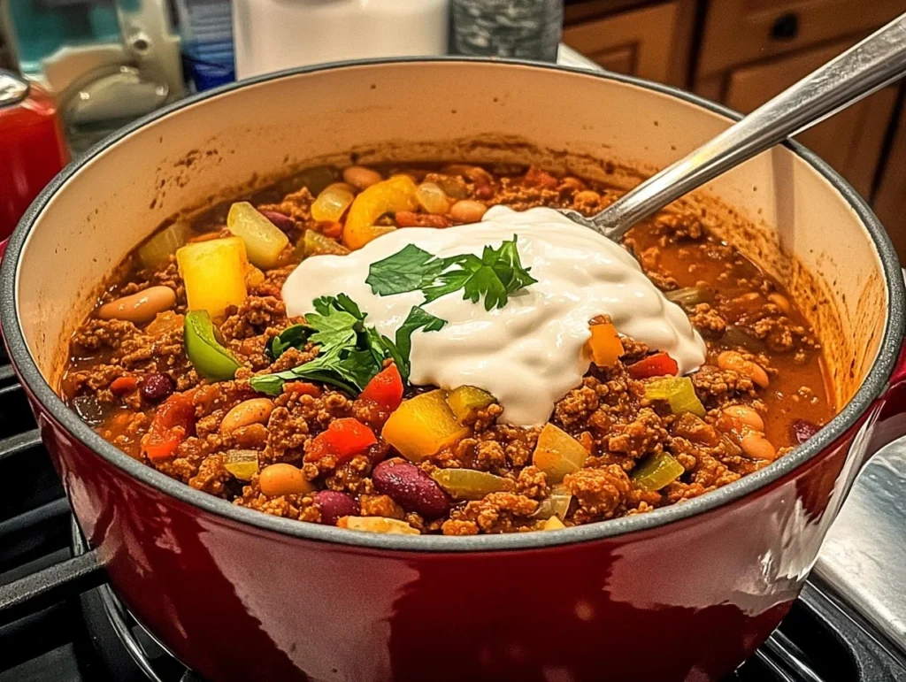 Hearty beef chili with beans, vegetables, and spices, served in a red pot, topped with sour cream and fresh parsley.