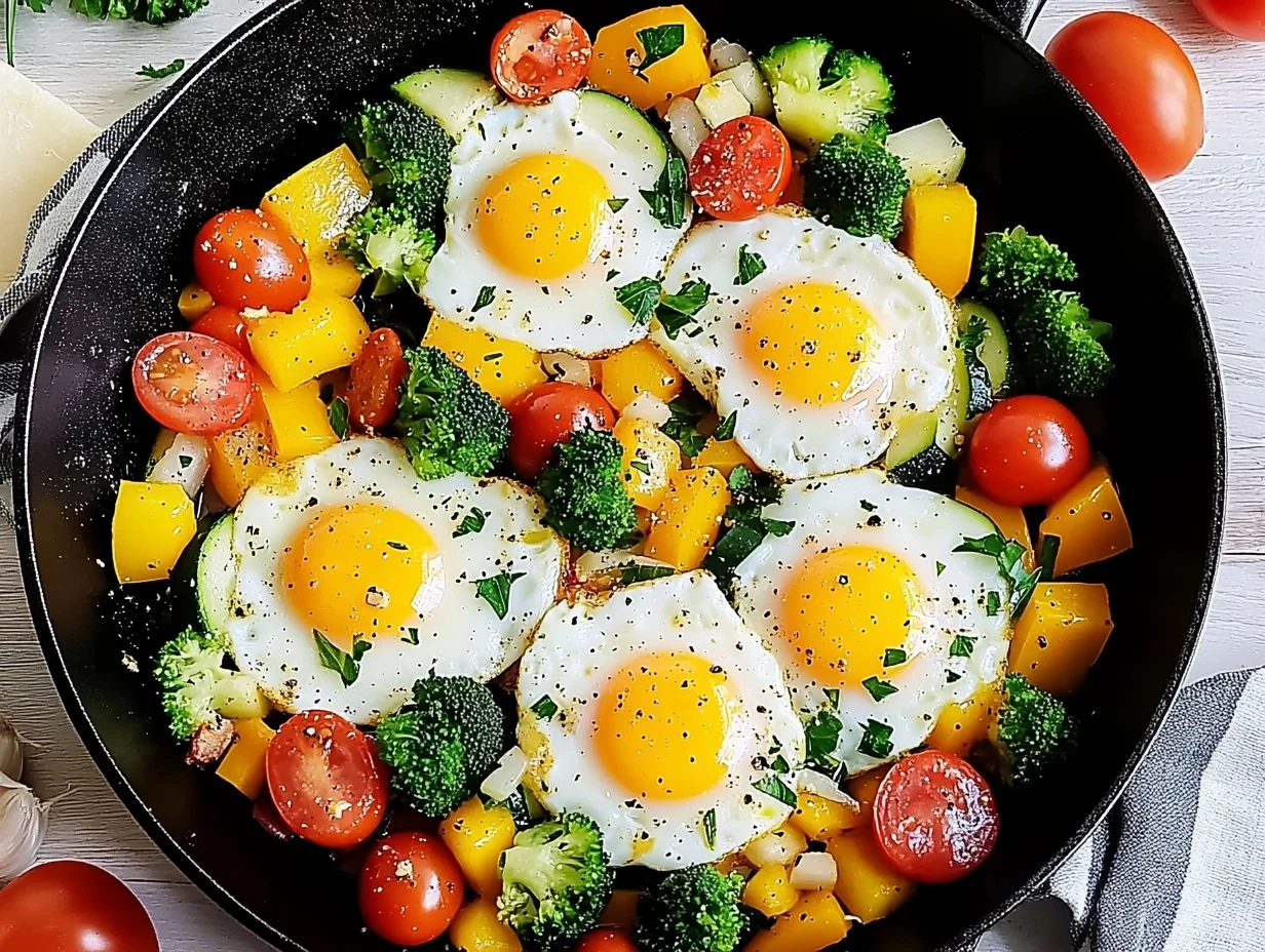 A sizzling breakfast skillet with eggs, colorful vegetables, and herbs served in a cast-iron pan.