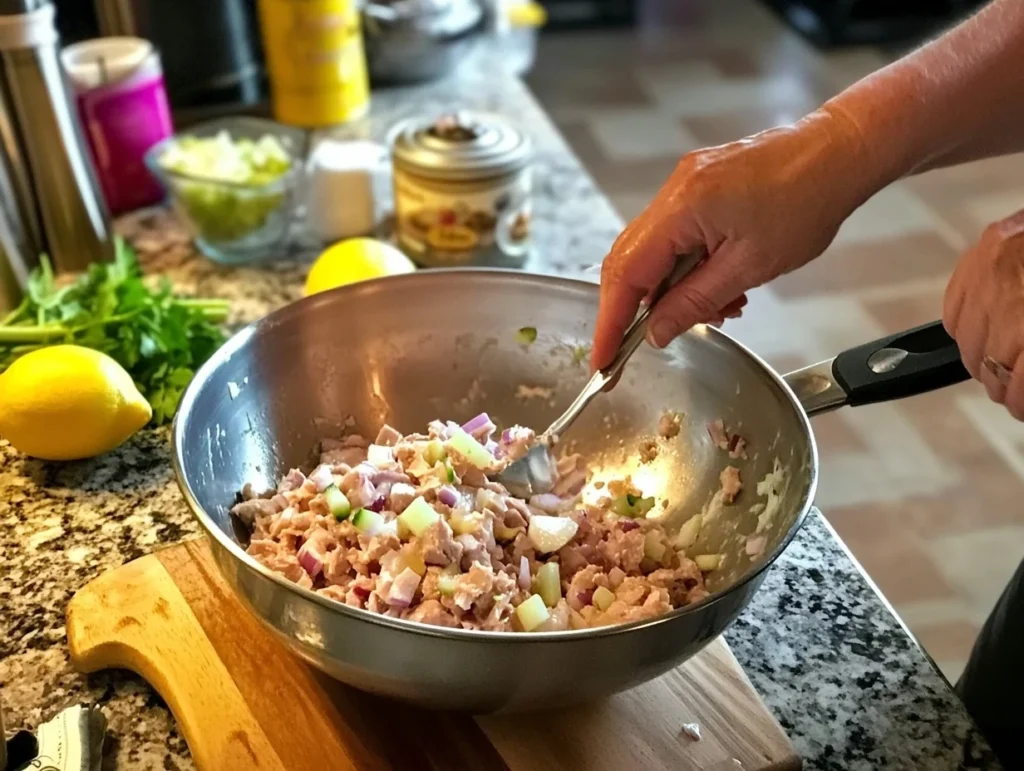 A person mixing tuna salad in a stainless steel bowl, surrounded by fresh ingredients like lemon, celery, and parsley on a kitchen counter.