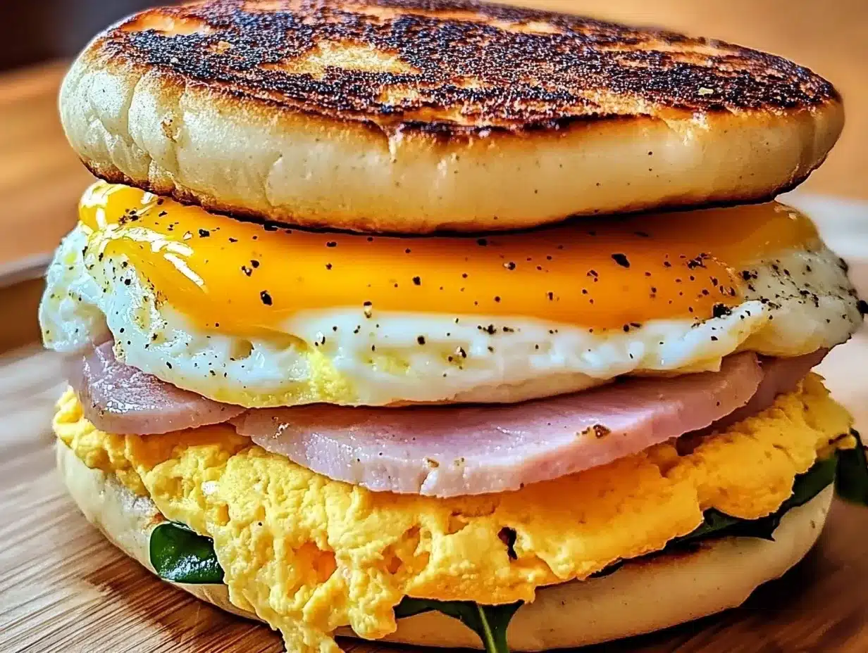 A close-up view of a freshly made egg and cheese breakfast sandwich on a toasted bun, served on a wooden plate with a side of fresh herbs.