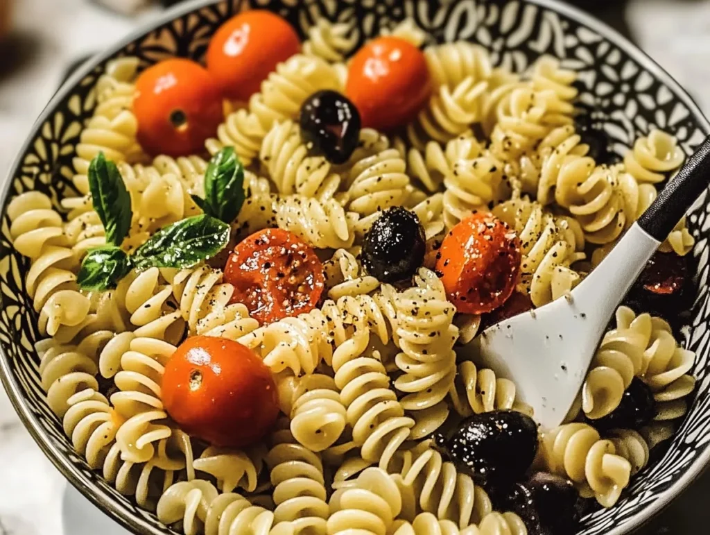 A bowl of rotini pasta salad with cherry tomatoes, olives, basil leaves, and creamy pesto dressing, perfect for summer gatherings.