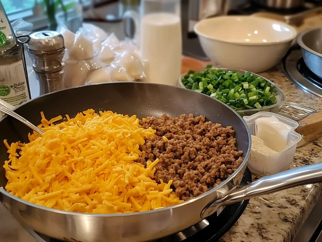 Ingredients for sausage and egg muffins, including shredded cheddar cheese, cooked sausage, chopped green onions, and seasoning, displayed on a countertop.