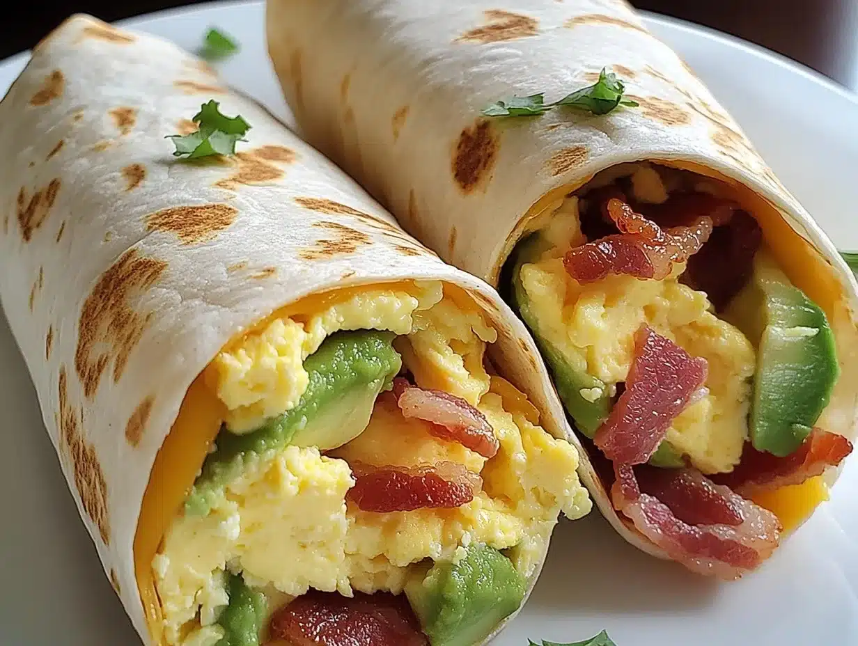 Bacon and Avocado Breakfast Burrito with eggs, cheese, and fresh toppings on a plate.