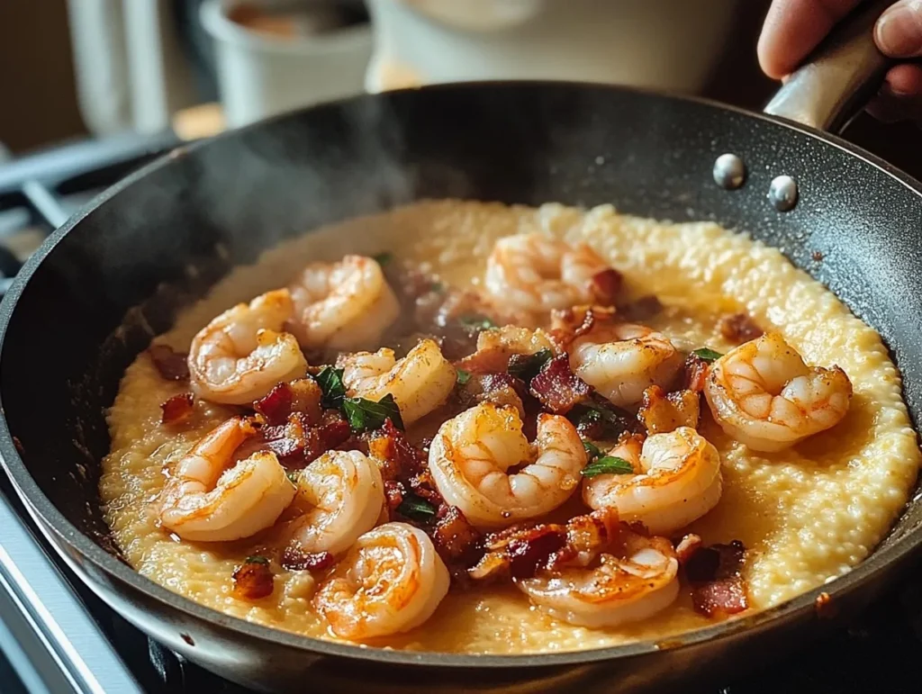 Shrimp and grits served in a skillet, topped with crispy bacon, fresh parsley, and a buttery sauce for a classic Southern comfort dish.