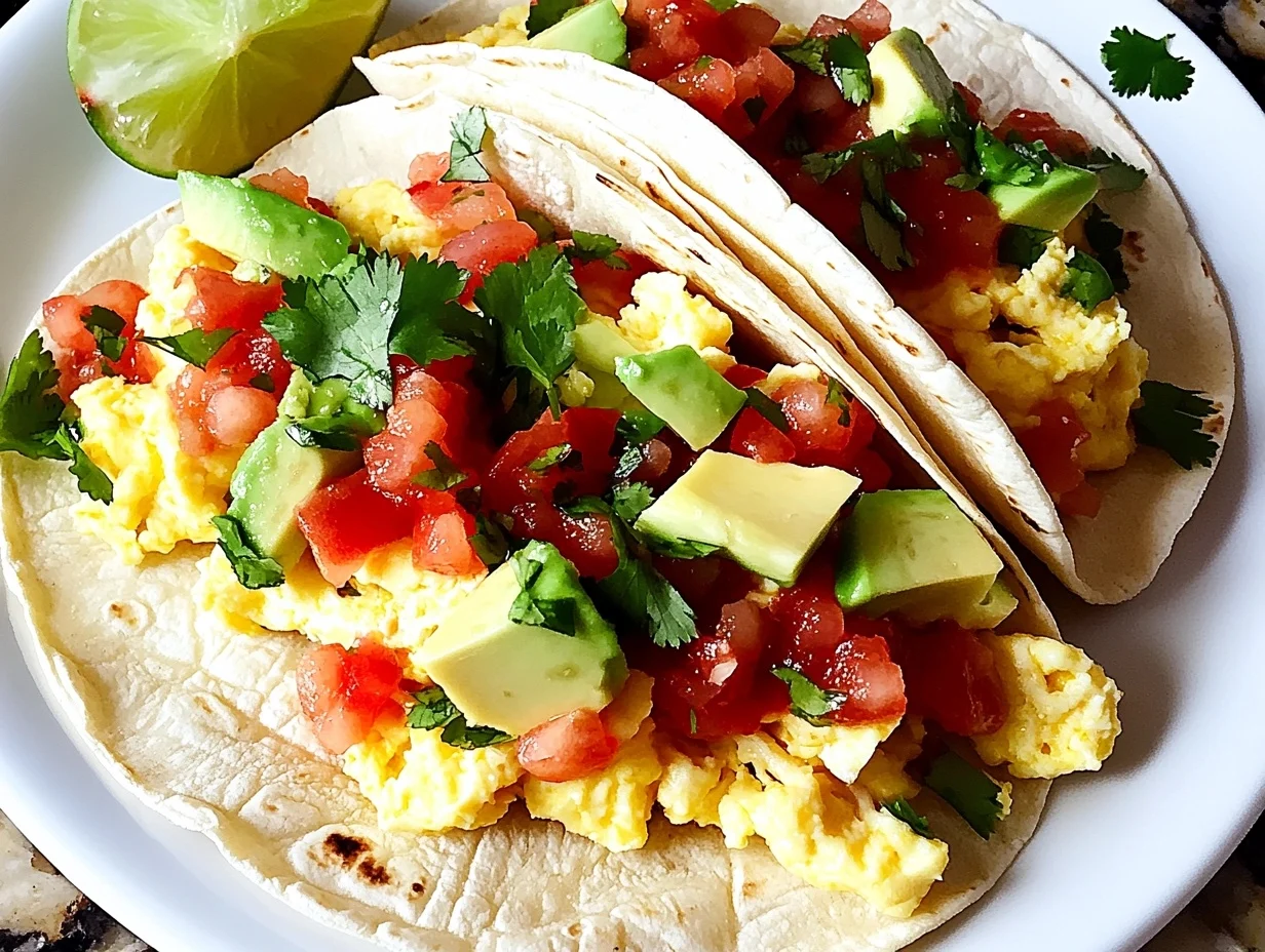 Breakfast tacos with scrambled eggs, vibrant salsa, and avocado slices served on a plate.