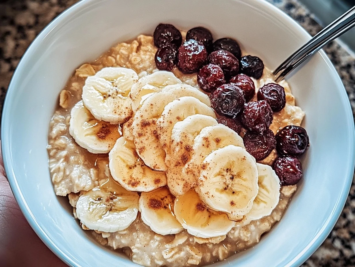 A warm bowl of brown sugar cinnamon oatmeal topped with fresh fruit and nuts, served on a wooden table.