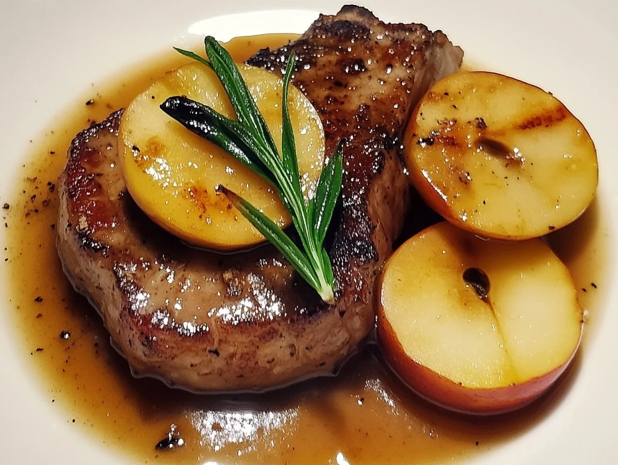 Grilled pork chops with a side of homemade apple sauce served on a white plate.