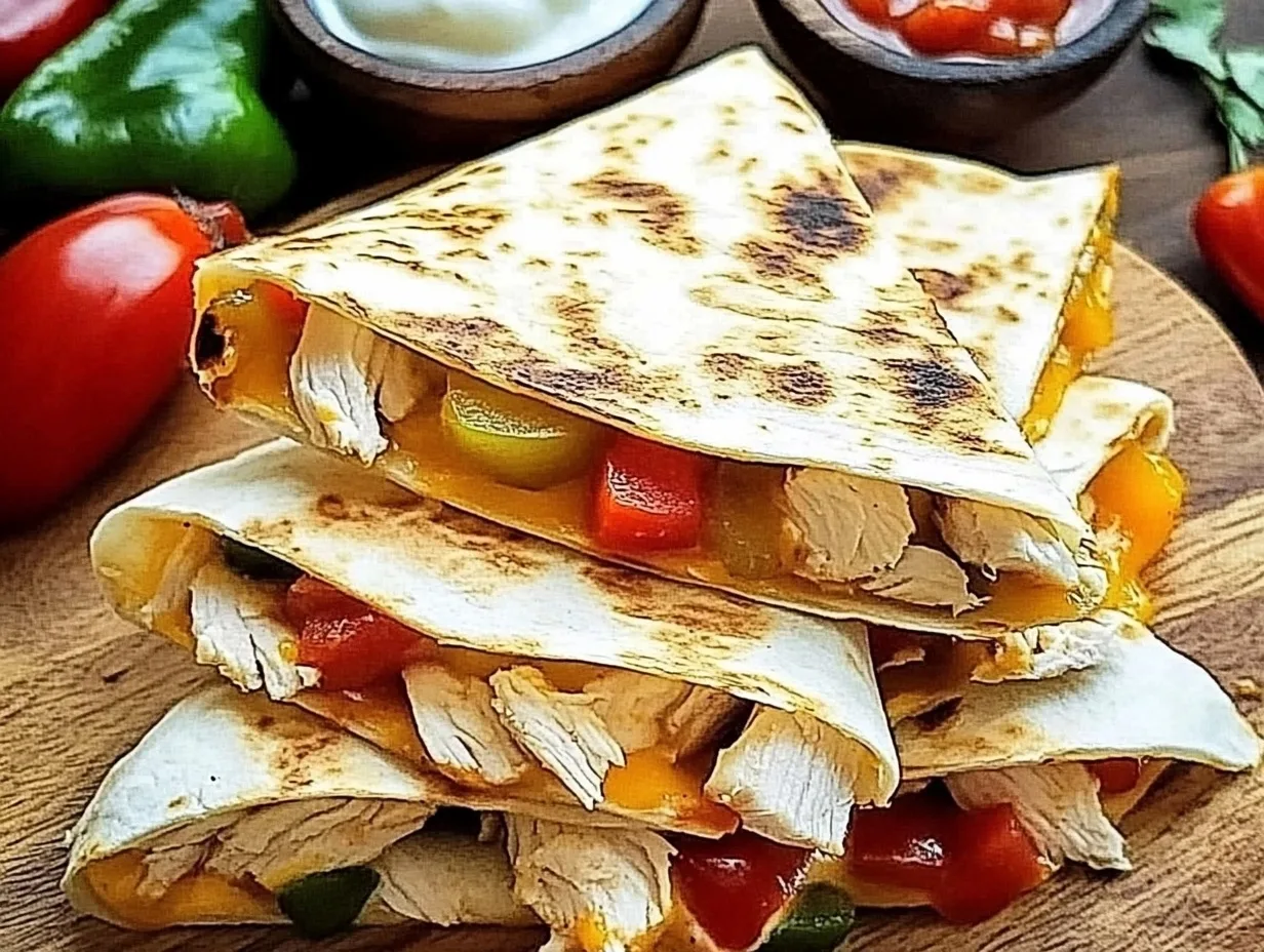 A step-by-step guide on how to make a delicious chicken quesadilla with crispy golden tortillas, seasoned chicken, and melted cheese.