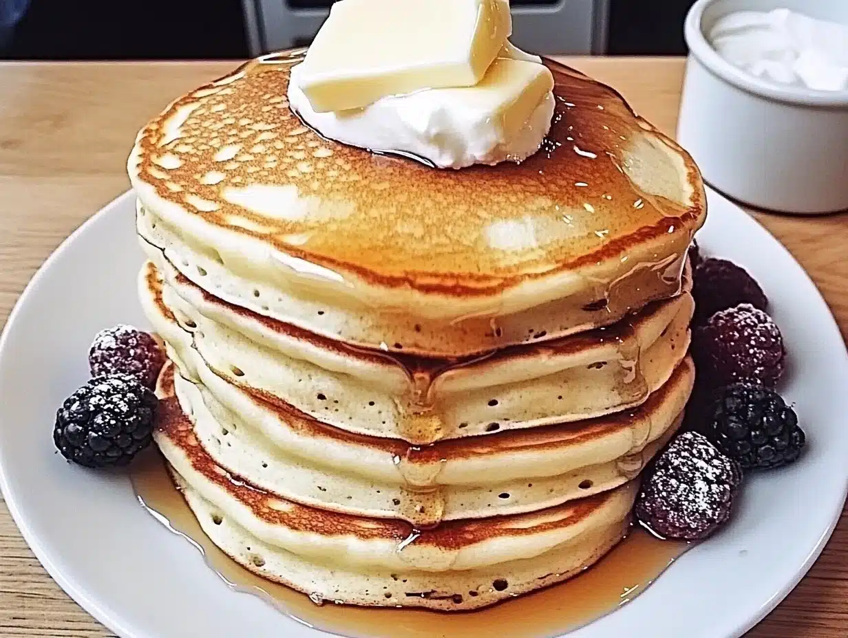 Stack of fluffy buttermilk pancakes topped with fresh berries and maple syrup, served on a white plate with a fork on the side.