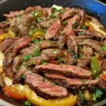 Sizzling garlic butter steak skillet with melted cheese in a cast-iron pan.