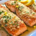 Crispy Parmesan Crusted Salmon with a golden crust and lemon butter drizzle, served on a plate with fresh herbs.