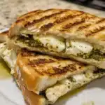 A crispy golden-brown panini with melted cheese, pesto, and grilled chicken, served on a wooden board with a side of fresh basil.